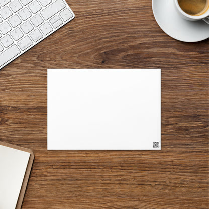 White blank greeting card with small barcode-style mark at the bottom-right