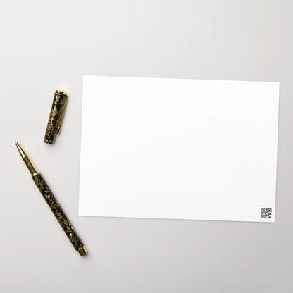 White greeting card back, plain front with QR code in bottom-right corner