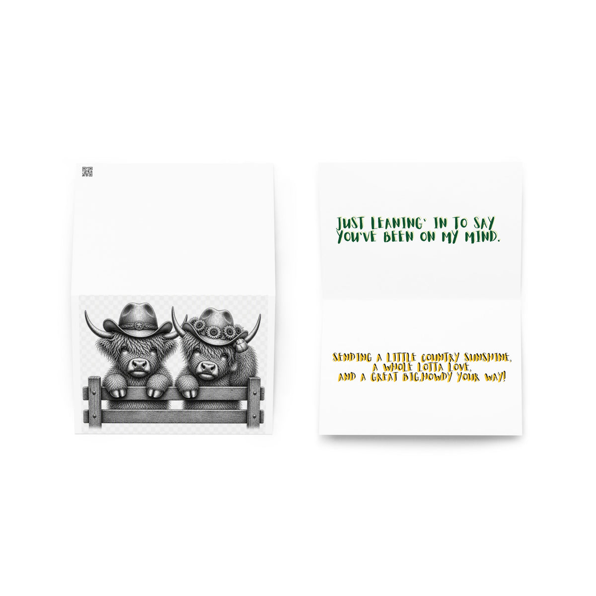 Opened greeting card with cowboy cow illustration and colored verse text