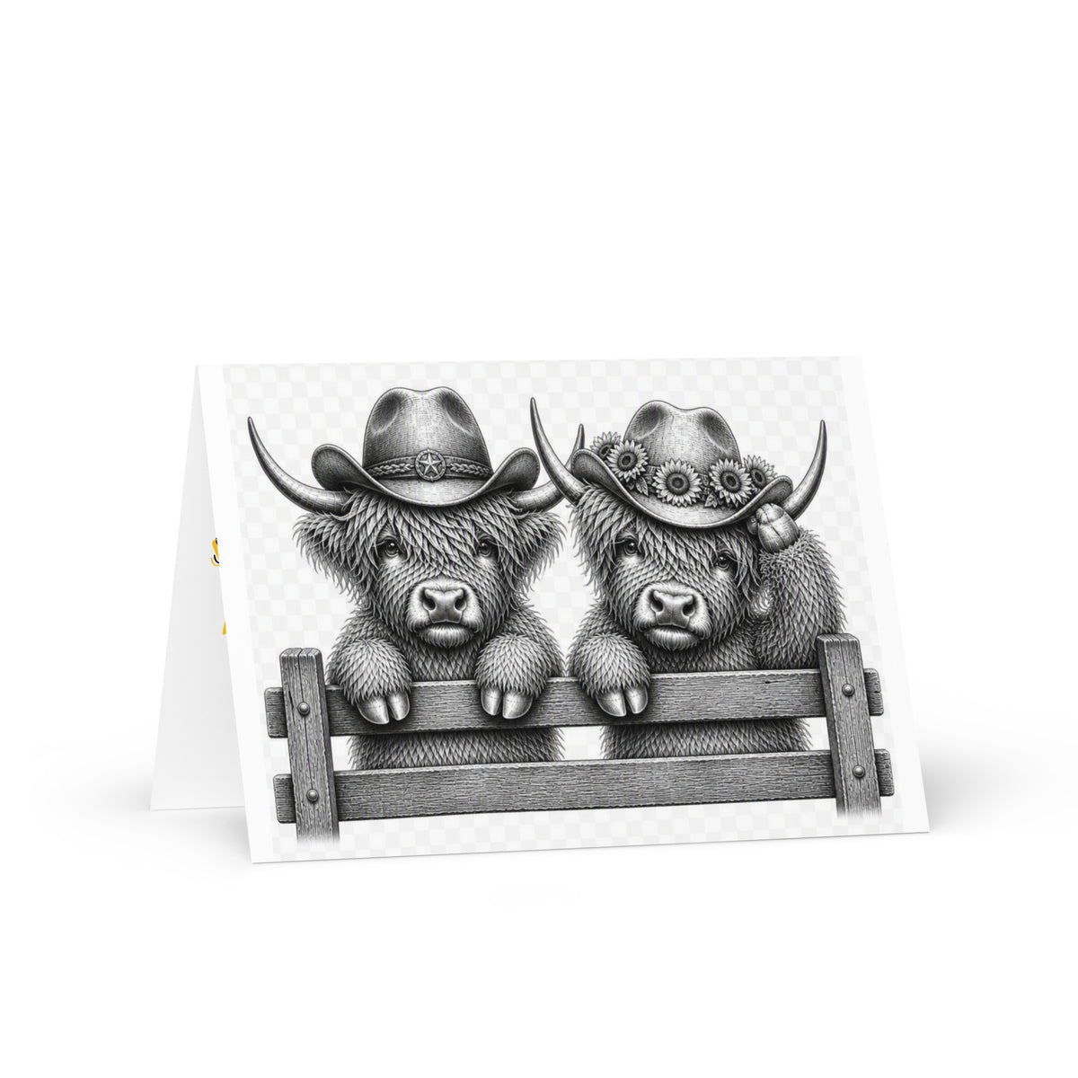 Greeting card front with two grayscale cowboy cows wearing hats on a fence