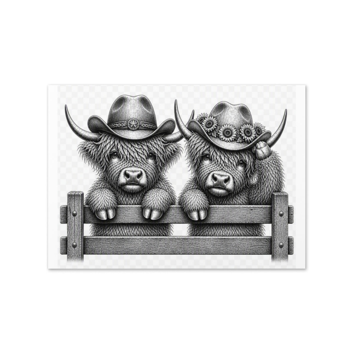 Highland cow greeting card front with two cowboy-hat cows and fence design