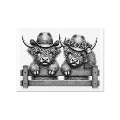 Highland cow greeting card front with two cowboy-hat cows and fence design