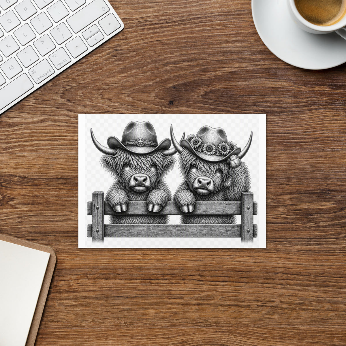 Highland cow greeting card front with two cow faces and cowboy hats above a gray fence
