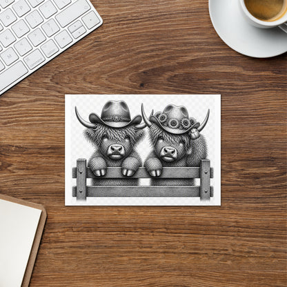 Highland cow greeting card front with two cow faces and cowboy hats above a gray fence