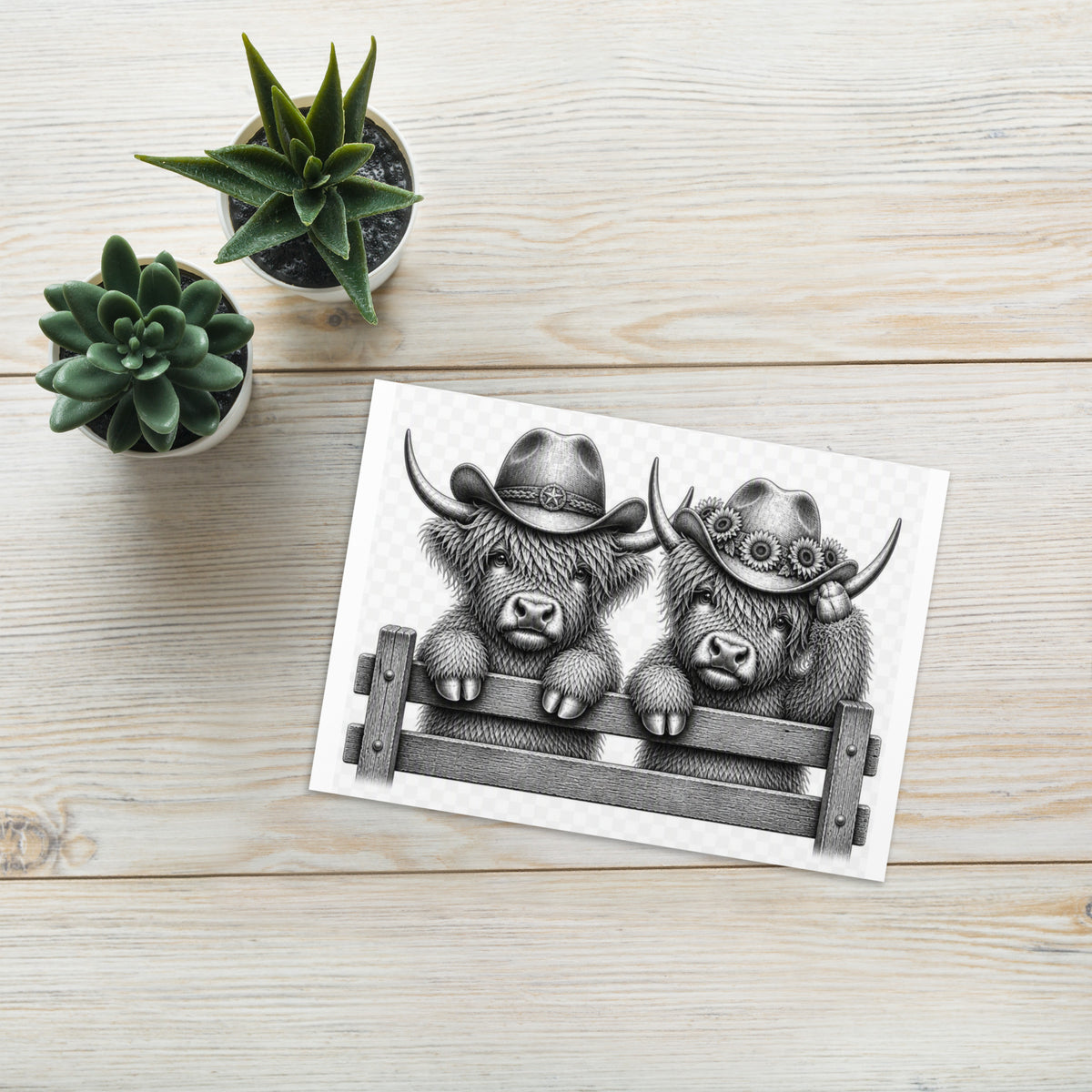 Western-style greeting card with black-and-white smiling highland cow pair illustration