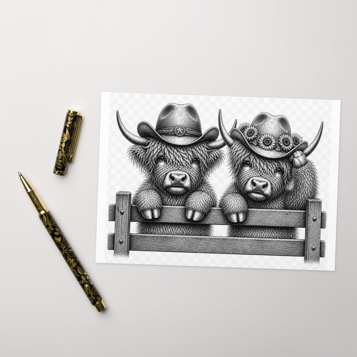 Western greeting card with two gray highland cows wearing cowboy hats on a fence