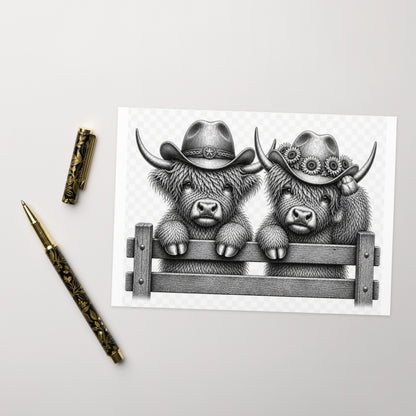Western greeting card with two gray highland cows wearing cowboy hats on a fence