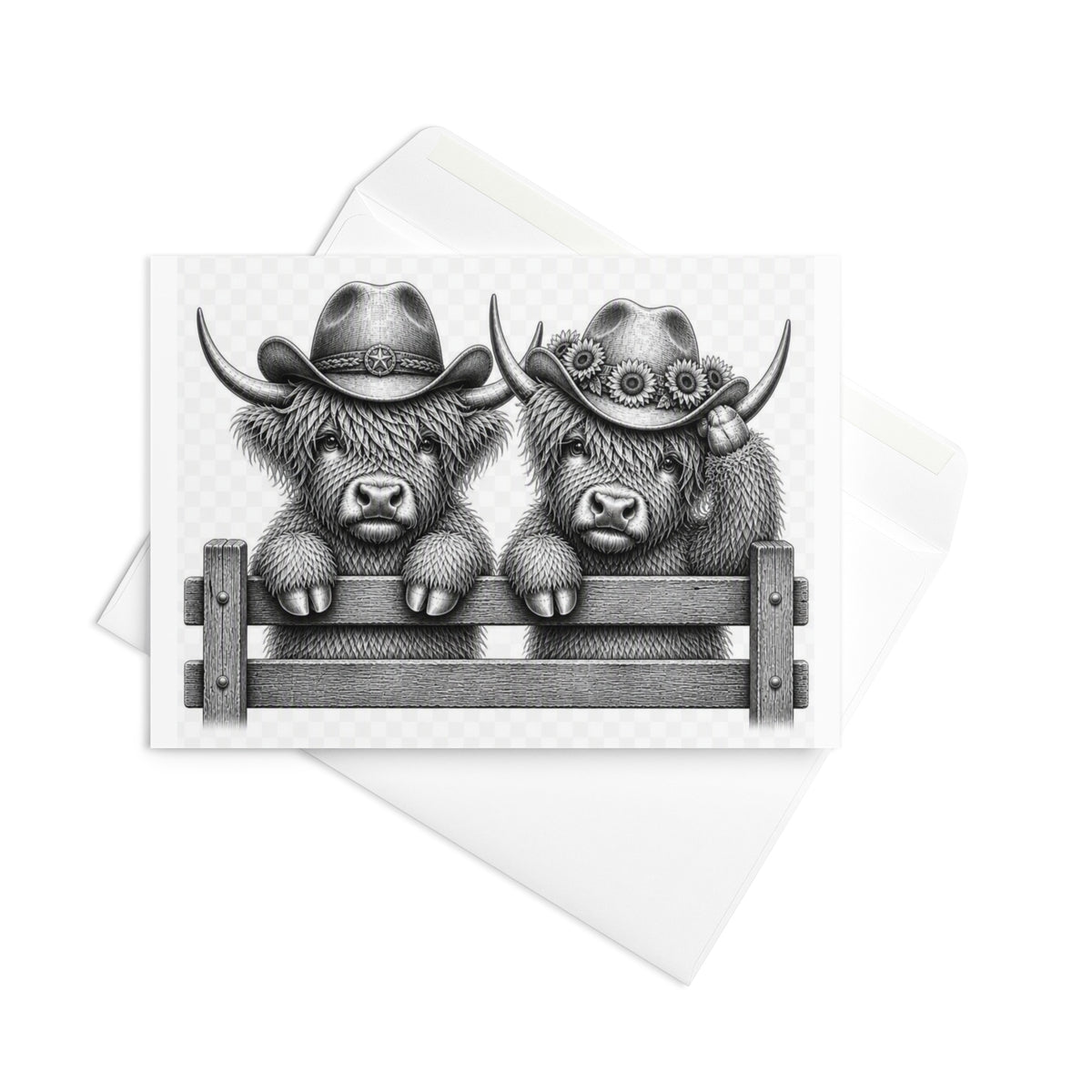 Gray highland cow couple greeting card with cowboy hats and fence graphic