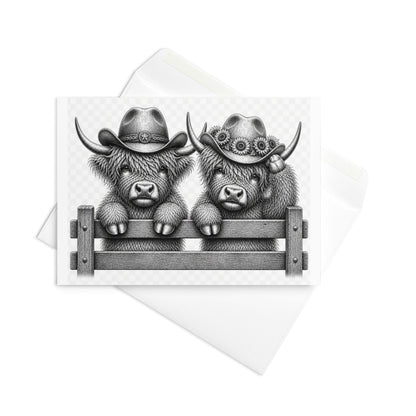 Gray highland cow couple greeting card with cowboy hats and fence graphic