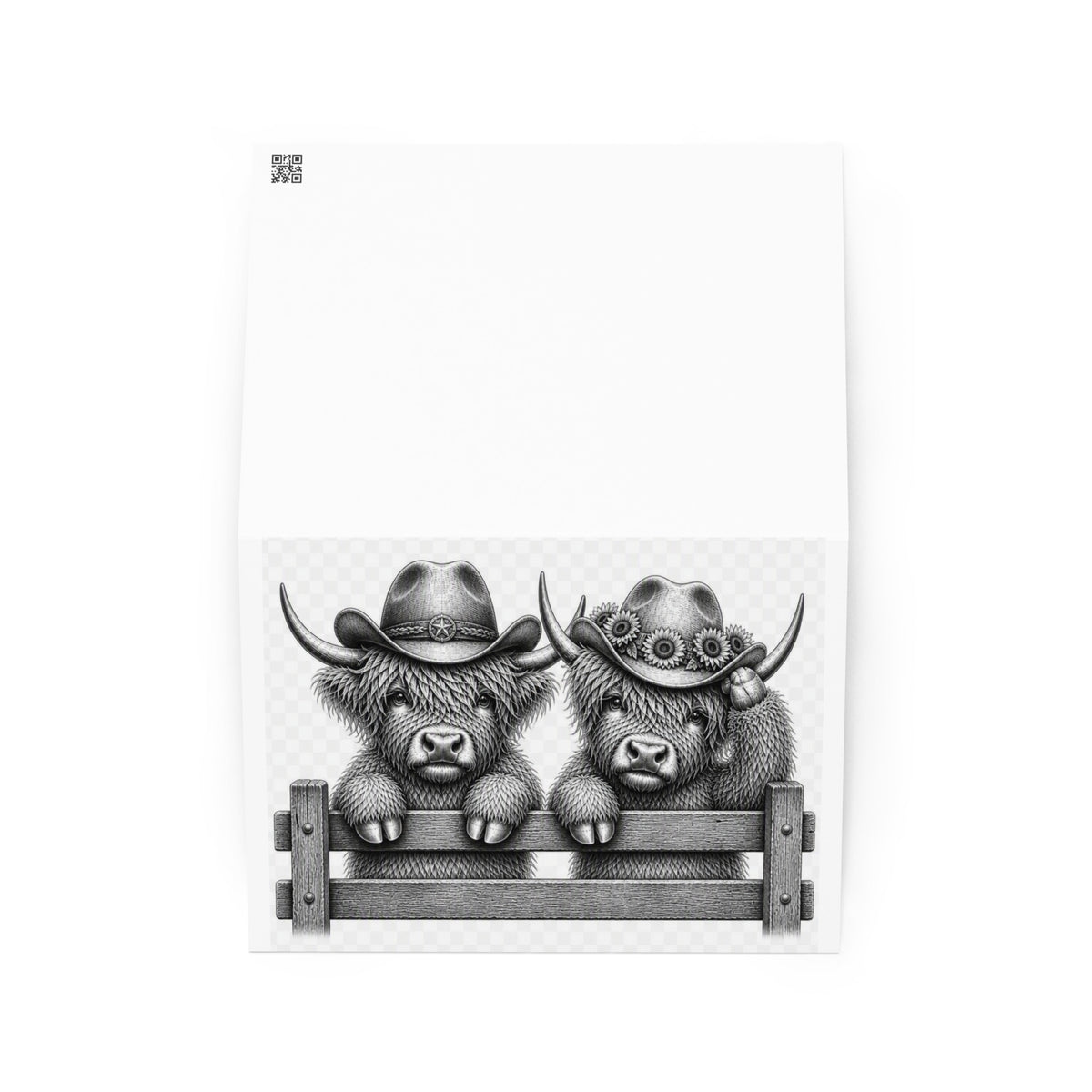 Greeting card featuring two grayscale cowboy cows leaning on a fence