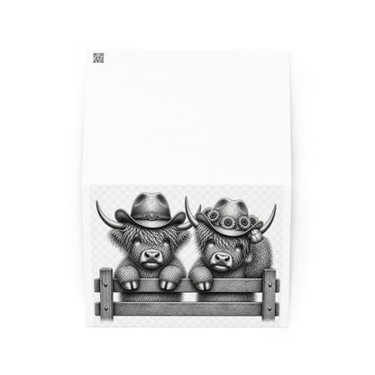 Greeting card featuring two grayscale cowboy cows leaning on a fence
