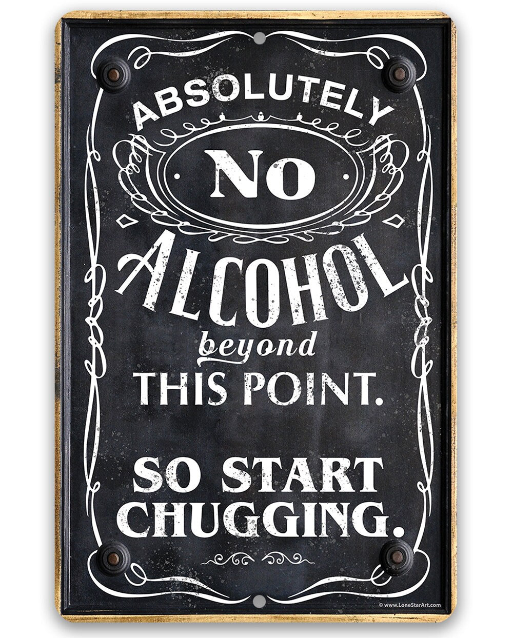 Black metal alcohol warning sign with white lettering: NO ALCOHOL beyond this point