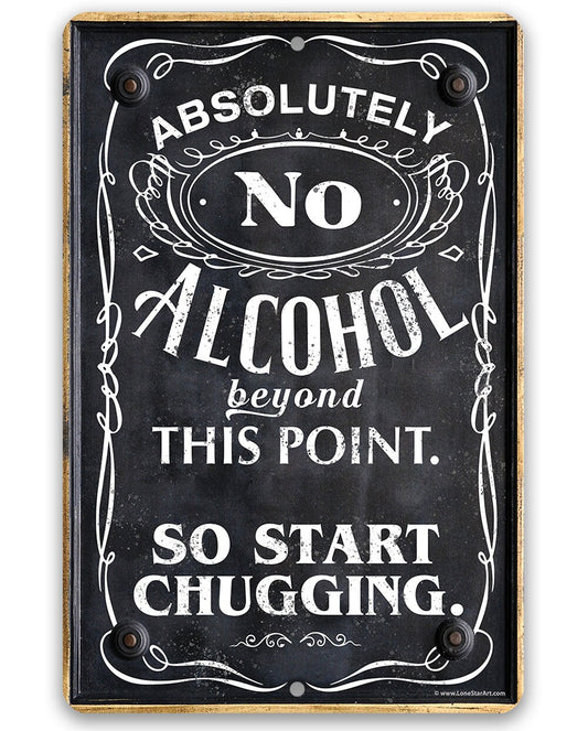 Black metal alcohol warning sign with white lettering: NO ALCOHOL beyond this point