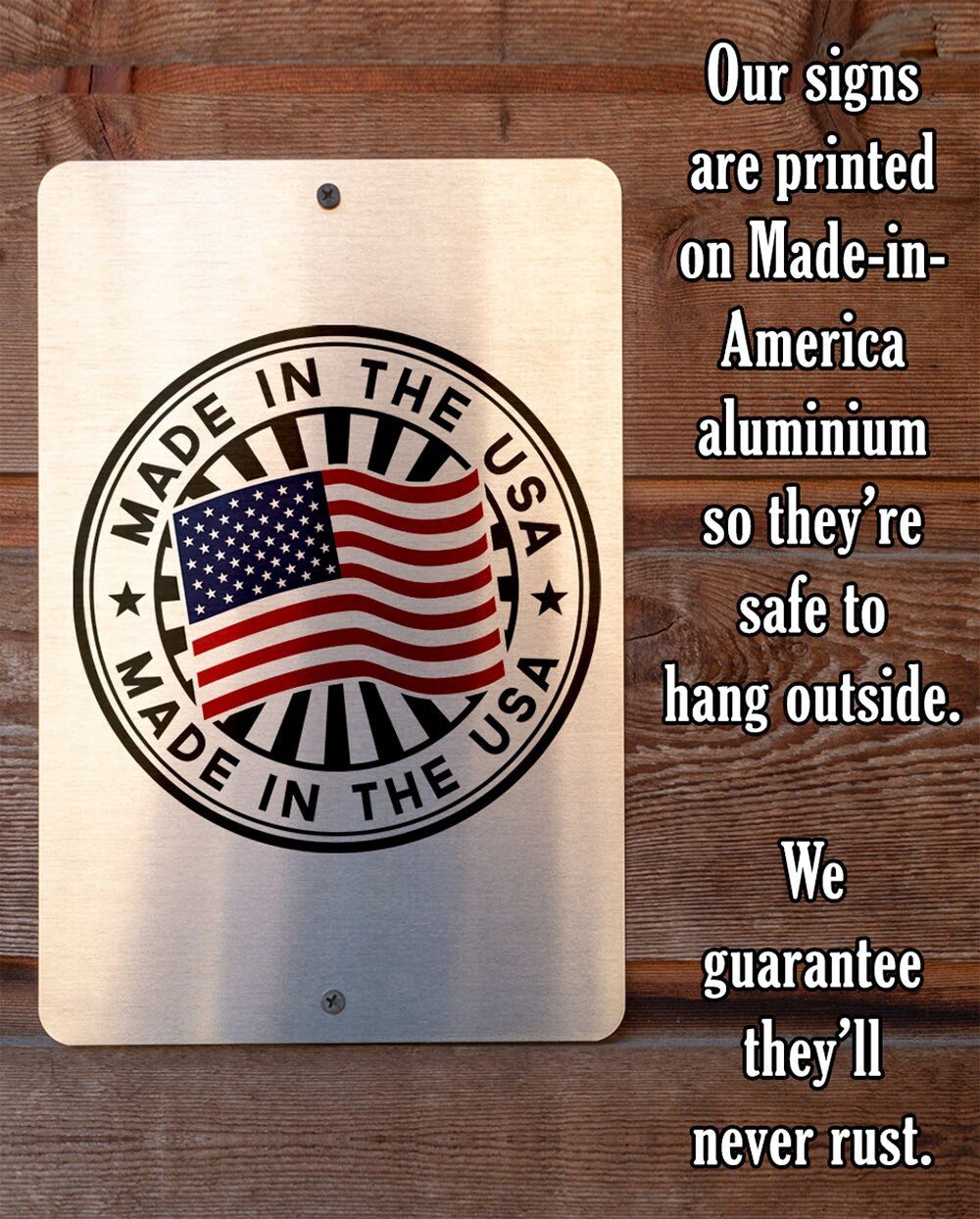 Rectangular metal sign backplate, 'Made in the USA' seal and hanging screw holes