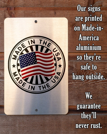 Rectangular metal sign backplate, 'Made in the USA' seal and hanging screw holes