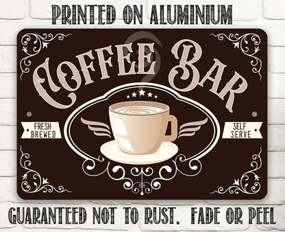 Coffee bar metal sign on aluminum, 'Guaranteed not to rust' and coffee cup artwork