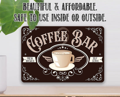 Coffee bar metal sign with 'Beautiful & affordable' and coffee cup Fresh Brewed graphic