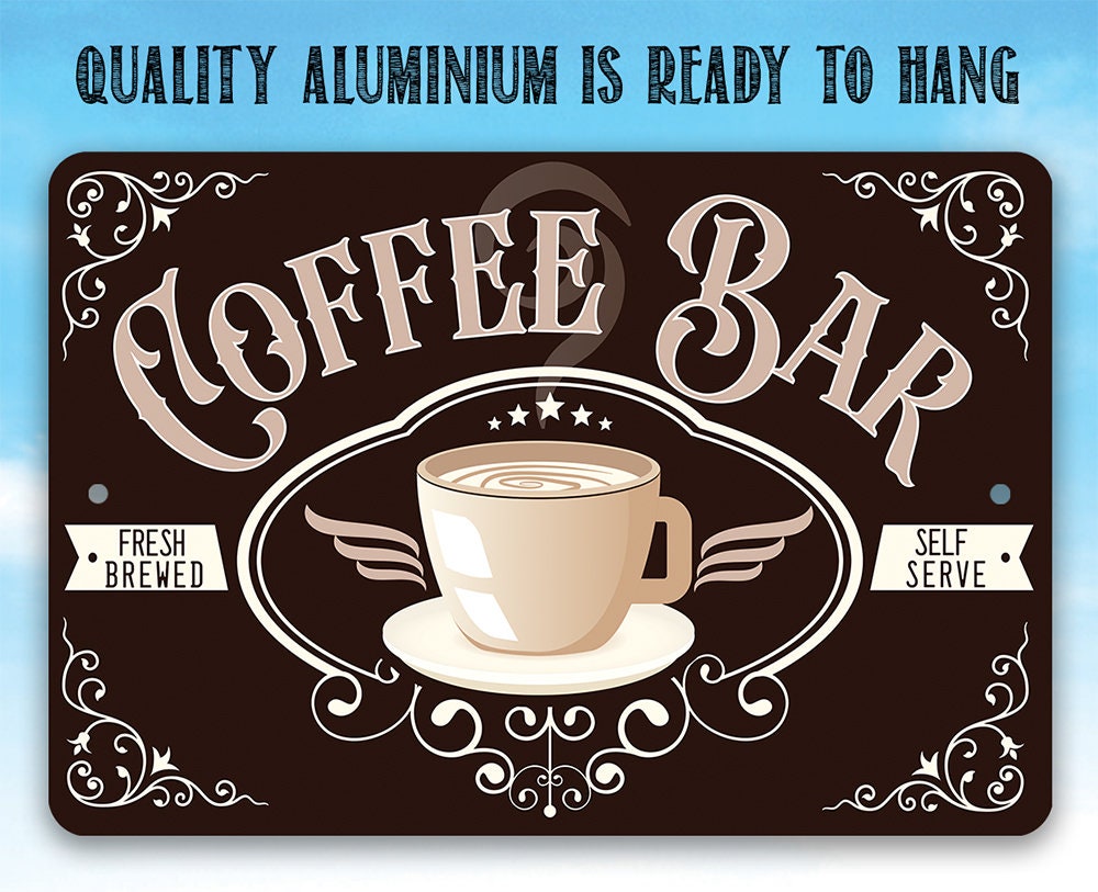 Coffee bar metal sign, dark brown with white coffee cup graphic and Fresh Brewed label