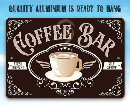 Coffee bar metal sign, dark brown with white coffee cup graphic and Fresh Brewed label