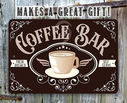 Coffee bar metal sign with 'Makes a great gift!' and coffee cup Fresh Brewed design
