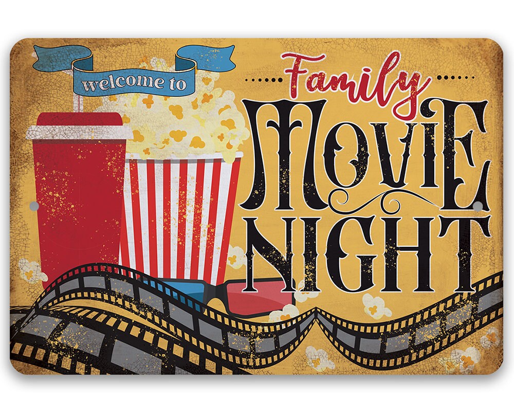 Rectangular metal wall sign with popcorn and "Welcome to Family Movie Night" text design