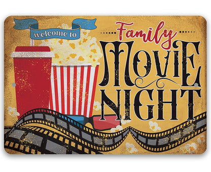 Rectangular metal wall sign with popcorn and "Welcome to Family Movie Night" text design