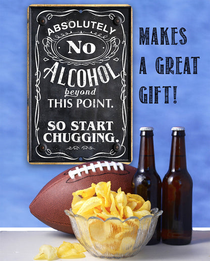 Black metal alcohol warning sign with white lettering, shown with beer bottles and football