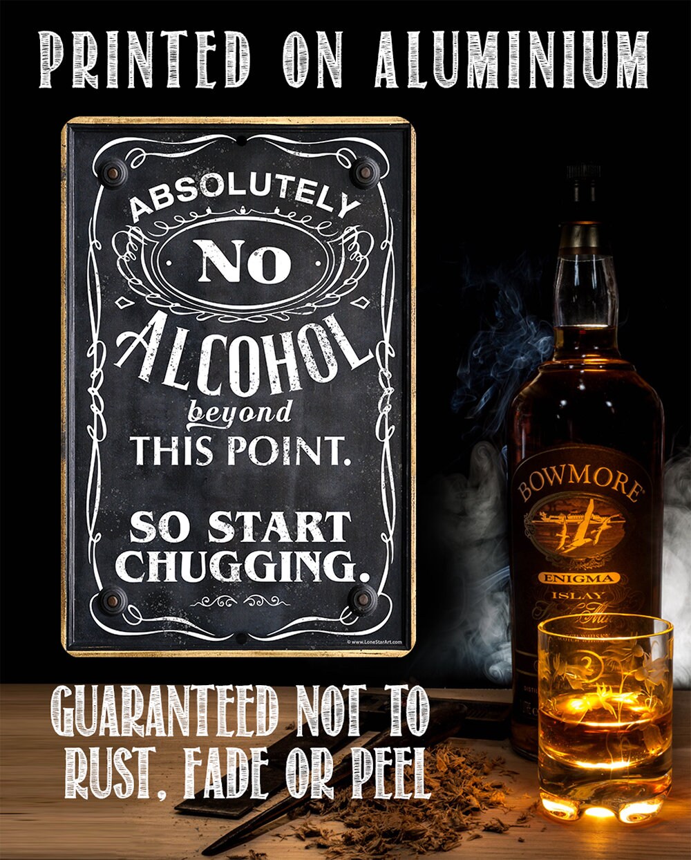 Metal alcohol warning sign on wood; text 'Guaranteed not to rust, fade or peel'