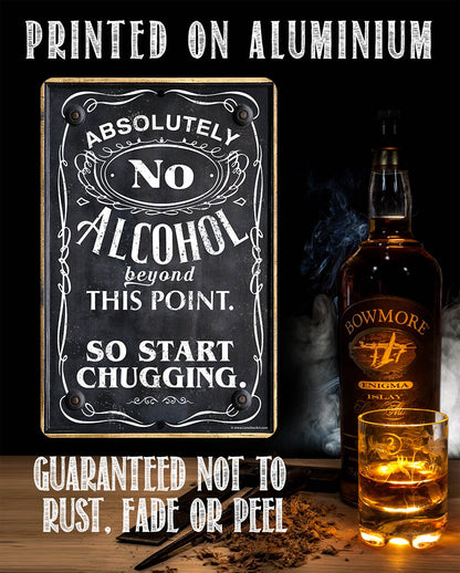 Metal alcohol warning sign on wood; text 'Guaranteed not to rust, fade or peel'