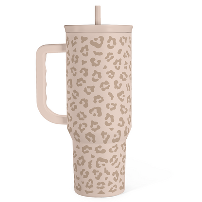40 oz leopard-print tumbler with handle, beige tan spots, straw lid