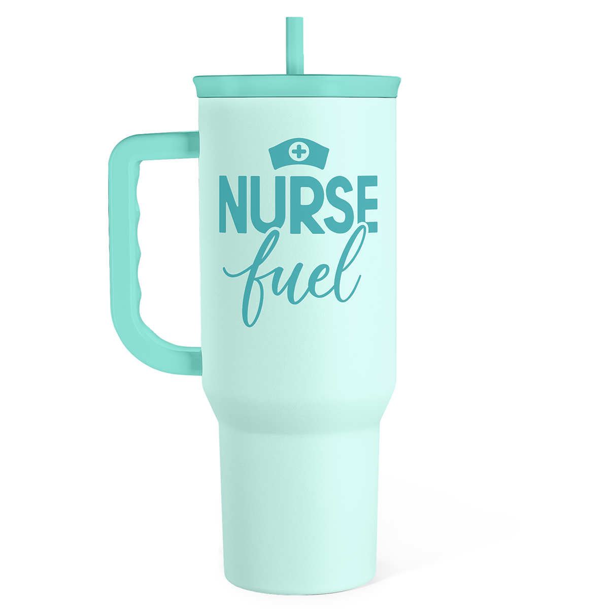 Mint nurse-themed 40oz slider tumbler with handle and straw