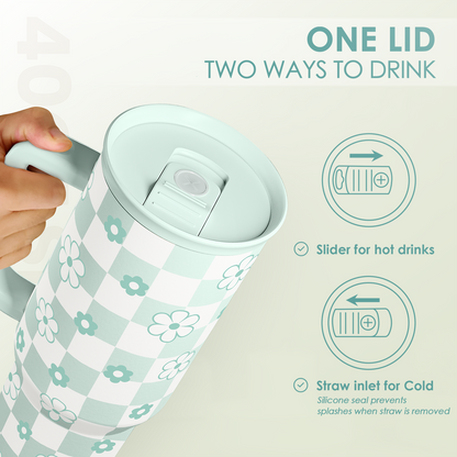 40oz mint checker daisy tumbler with slider lid for straw and cup drinking