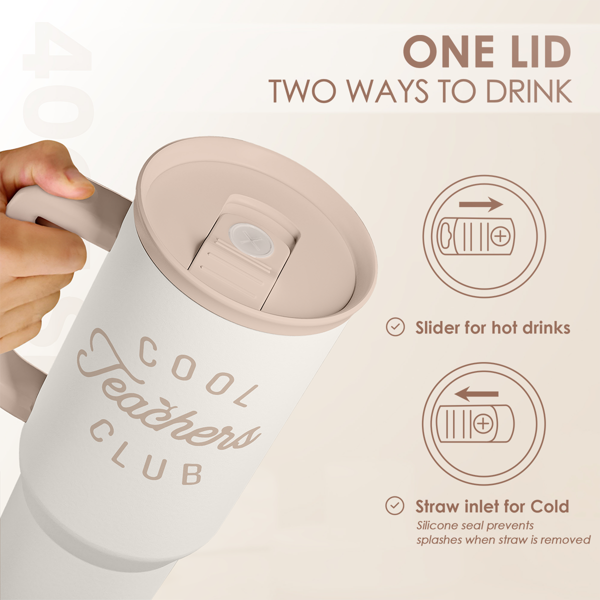White slider tumbler with handle showing lid; “Cool Teachers Club” on cup body