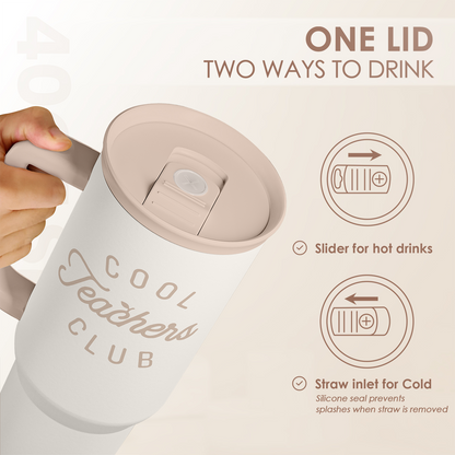White slider tumbler with handle showing lid; “Cool Teachers Club” on cup body