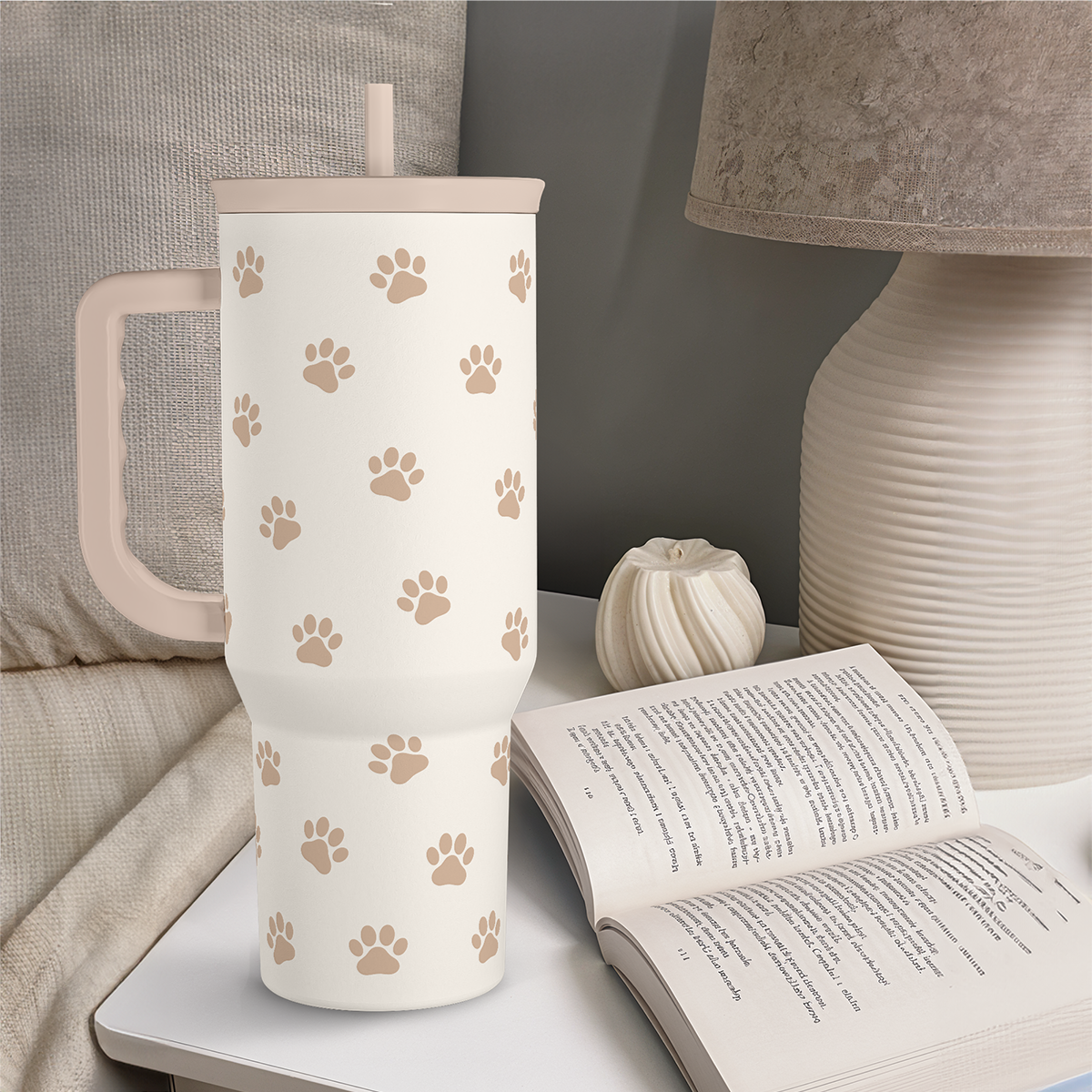 Brown Dog Slidemate tumbler with handle and straw, tan paw prints on white base