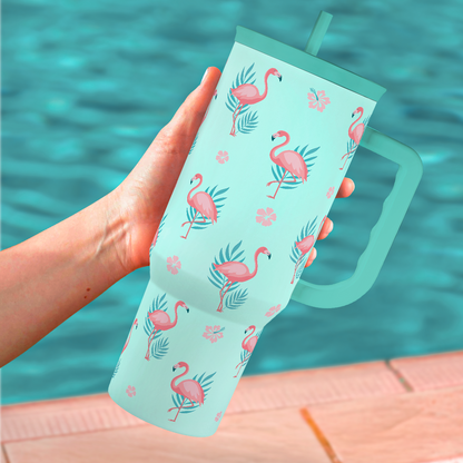 Mint Slidemate tumbler with handle and straw, pink flamingo pattern, close-up