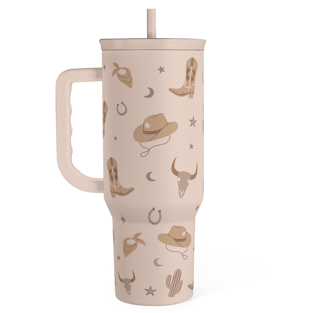 40oz cowgirl slider tumbler with handle, tan cowboy pattern and straw