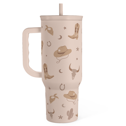 40oz cowgirl slider tumbler with handle, tan cowboy pattern and straw