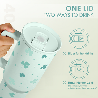 Mint green 40oz slide tumbler with two-way lid slider for straw and hot drinks