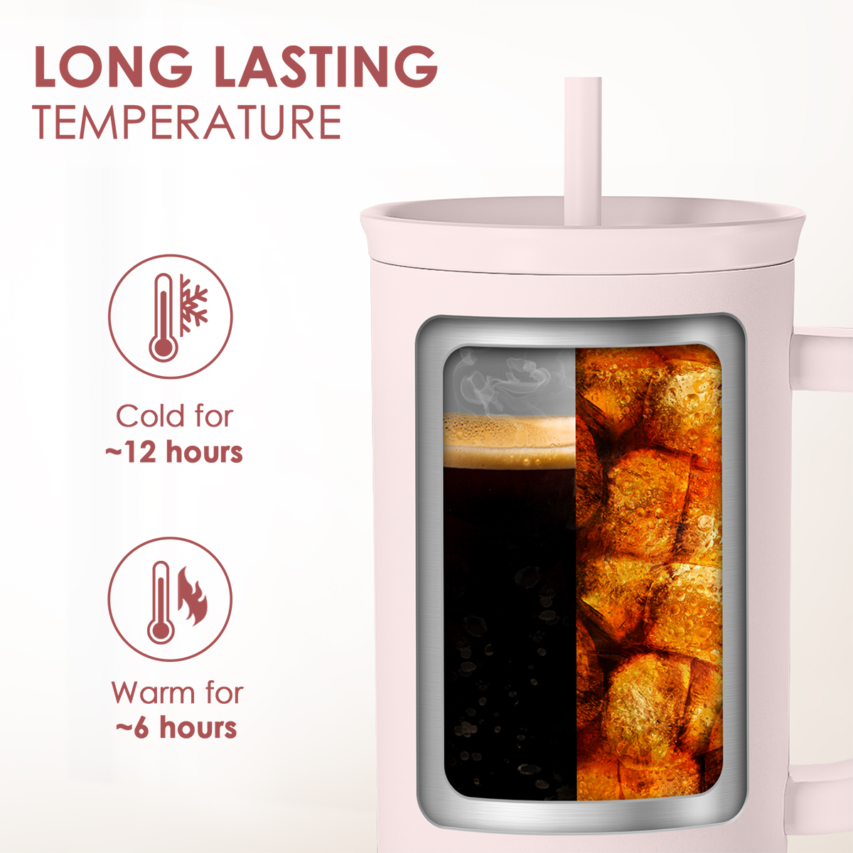 Pink 40oz slider tumbler with handle and straw; window view for hot and cold drinks