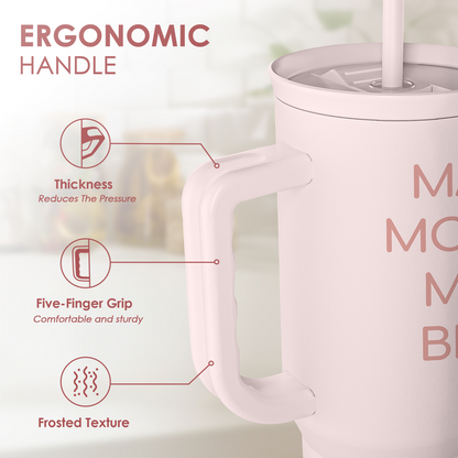 Pink 40oz slider tumbler with ergonomic handle, frosted texture and slider lid