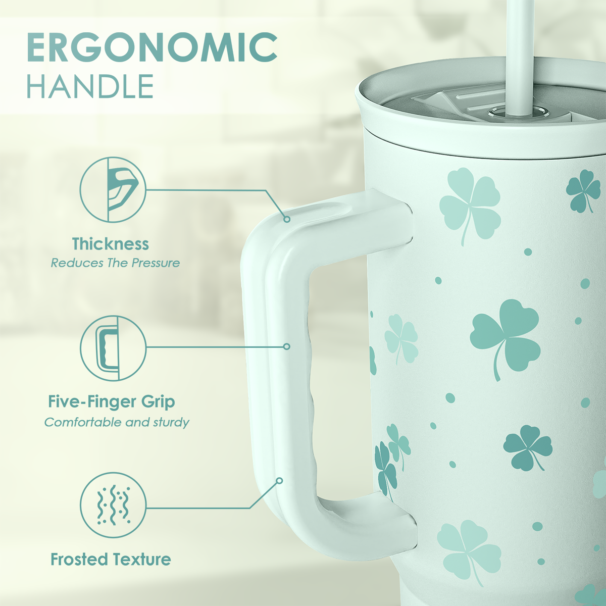 Mint green 40oz slide tumbler handle, five-finger grip shape, shamrock clover pattern