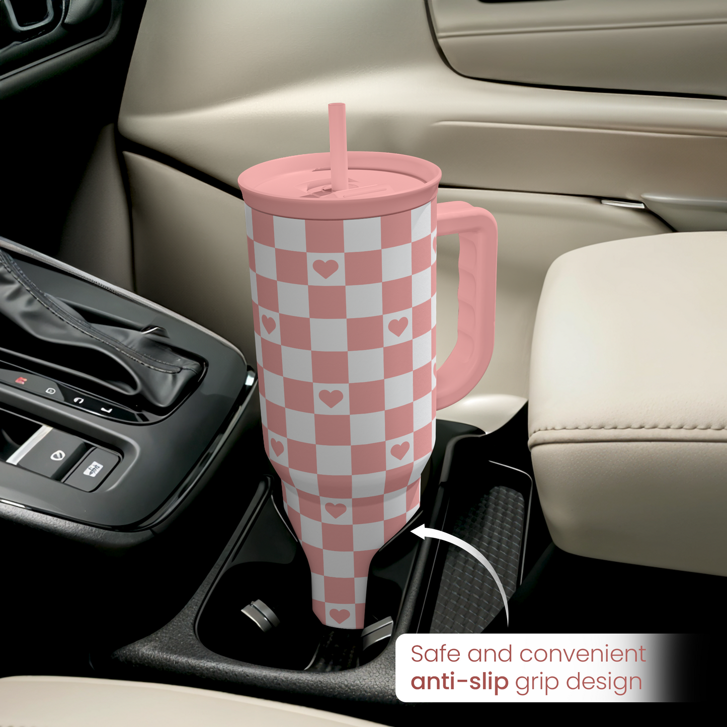 Coral checker heart tumbler with handle and straw, anti-slip grip design
