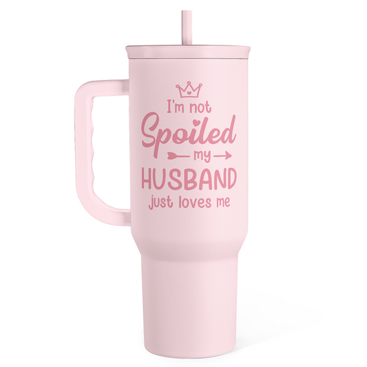 Pink 40oz tumbler with handle, slide lid, and straw; “I’m not Spoiled” front graphic