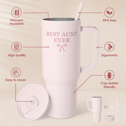 Pink 40oz slider tumbler with handle, straw, and lid system; “Best Aunt Ever” front