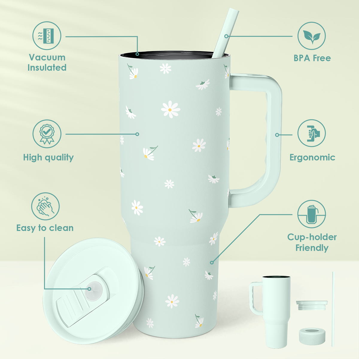 Mint daisy 40oz tumbler with handle, straw and two-piece lid shown