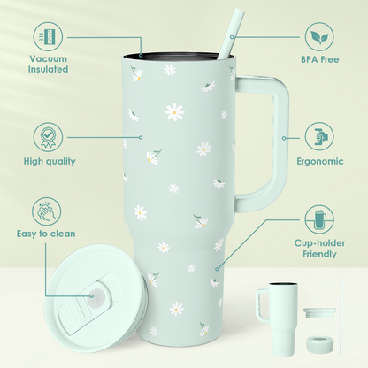Mint daisy 40oz tumbler with handle, straw and two-piece lid shown
