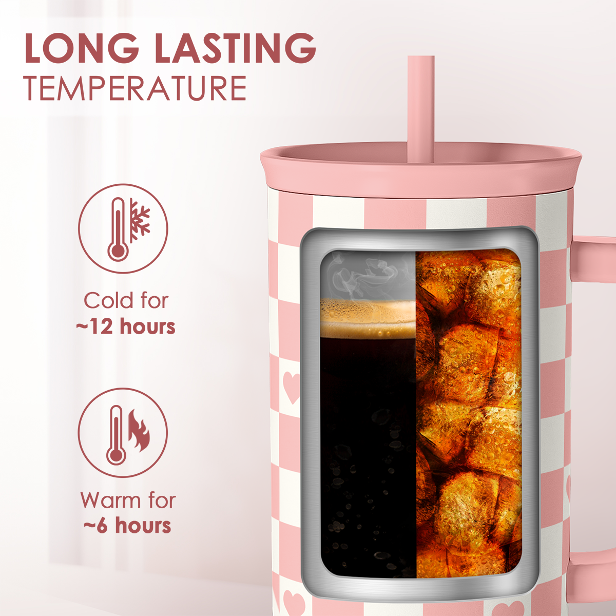 Coral checker heart tumbler with insulated window, pink lid and straw
