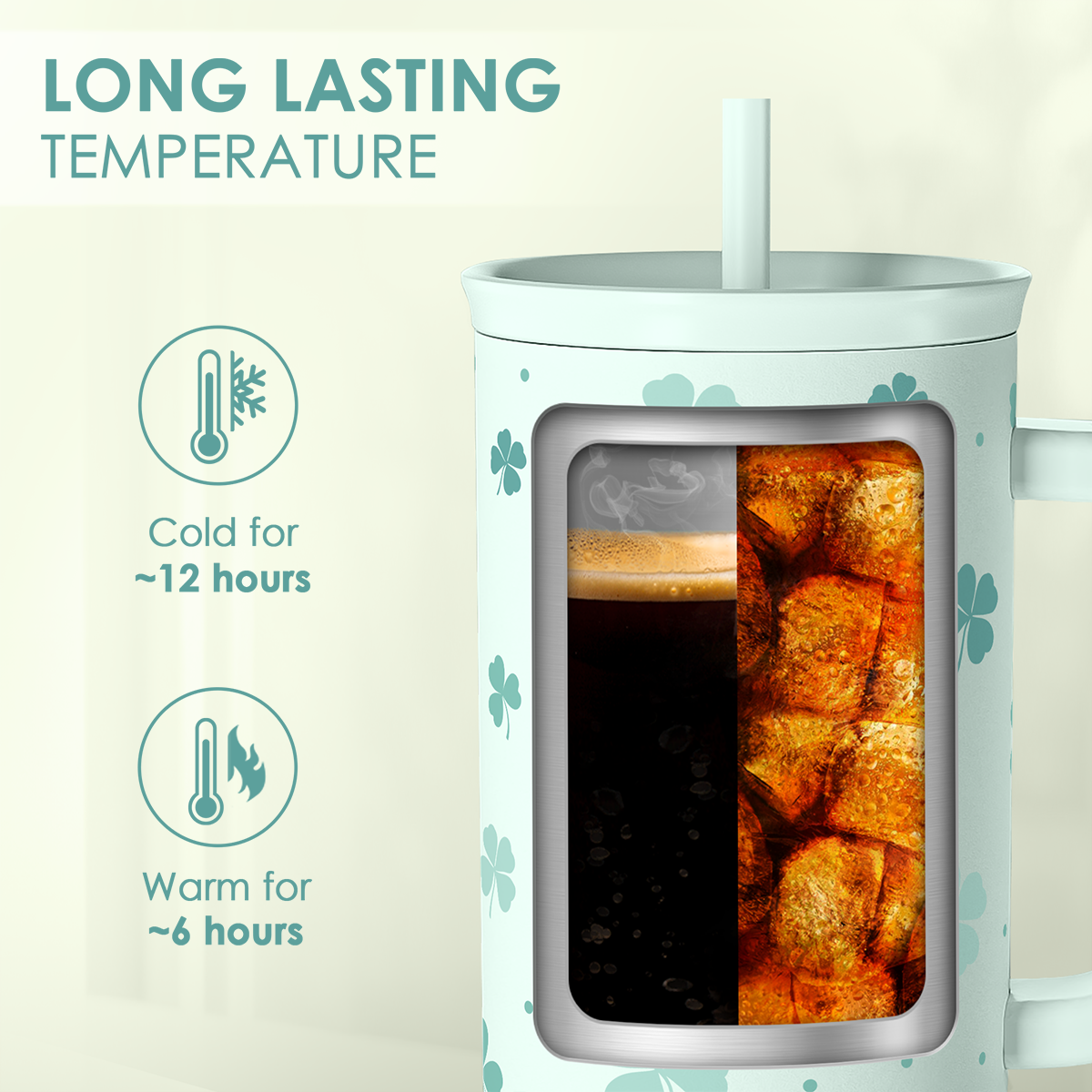 Mint green 40oz slide tumbler with straw, shows insulated hot and cold drink sections