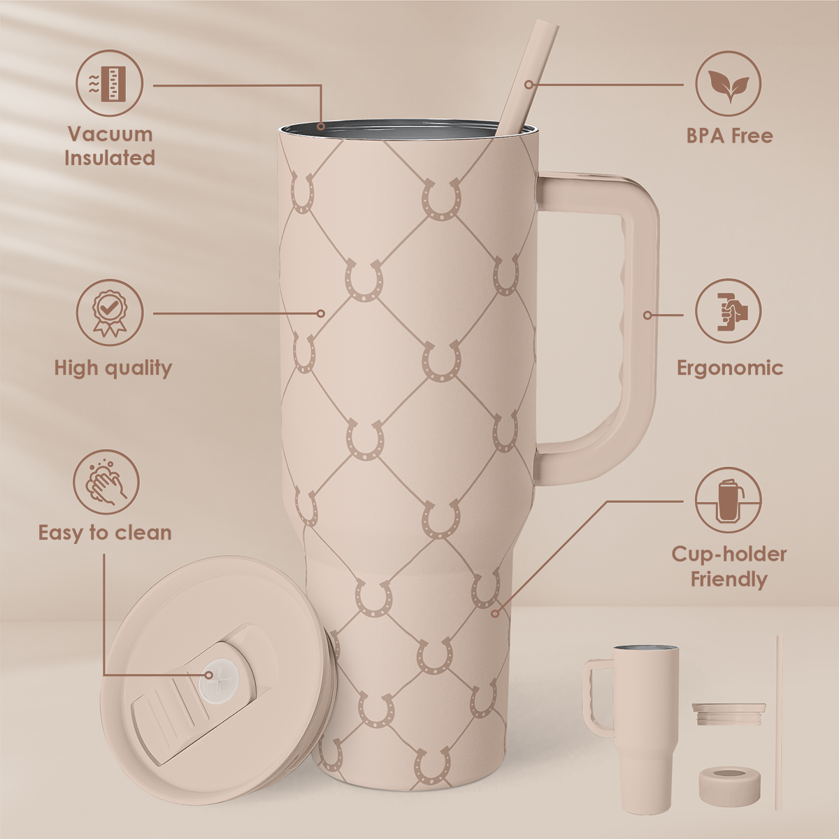 Brown Horse Slidemate 40oz beige tumbler with straw, slide lid, and included parts